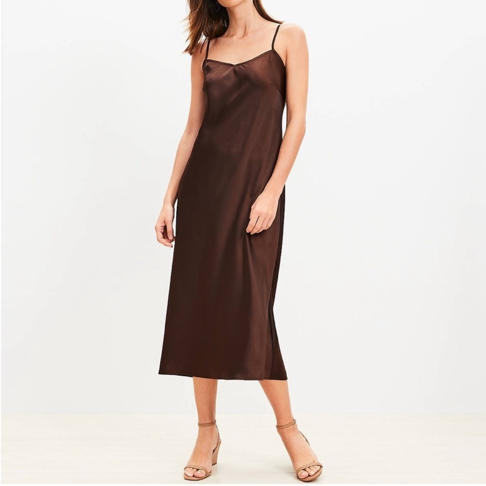 Loft petite bias midi slip dress in cacao nib